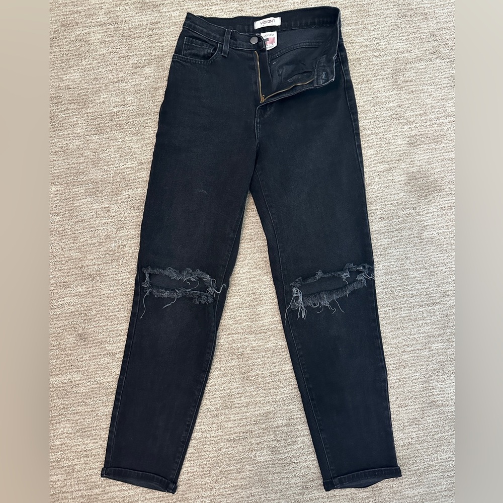 Straight leg black jeans with rips on the knees. Can cuff them, Size: 1